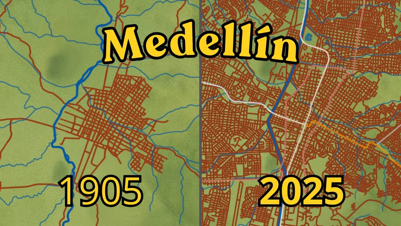 Medellín street network comparison between 1905 and 2025