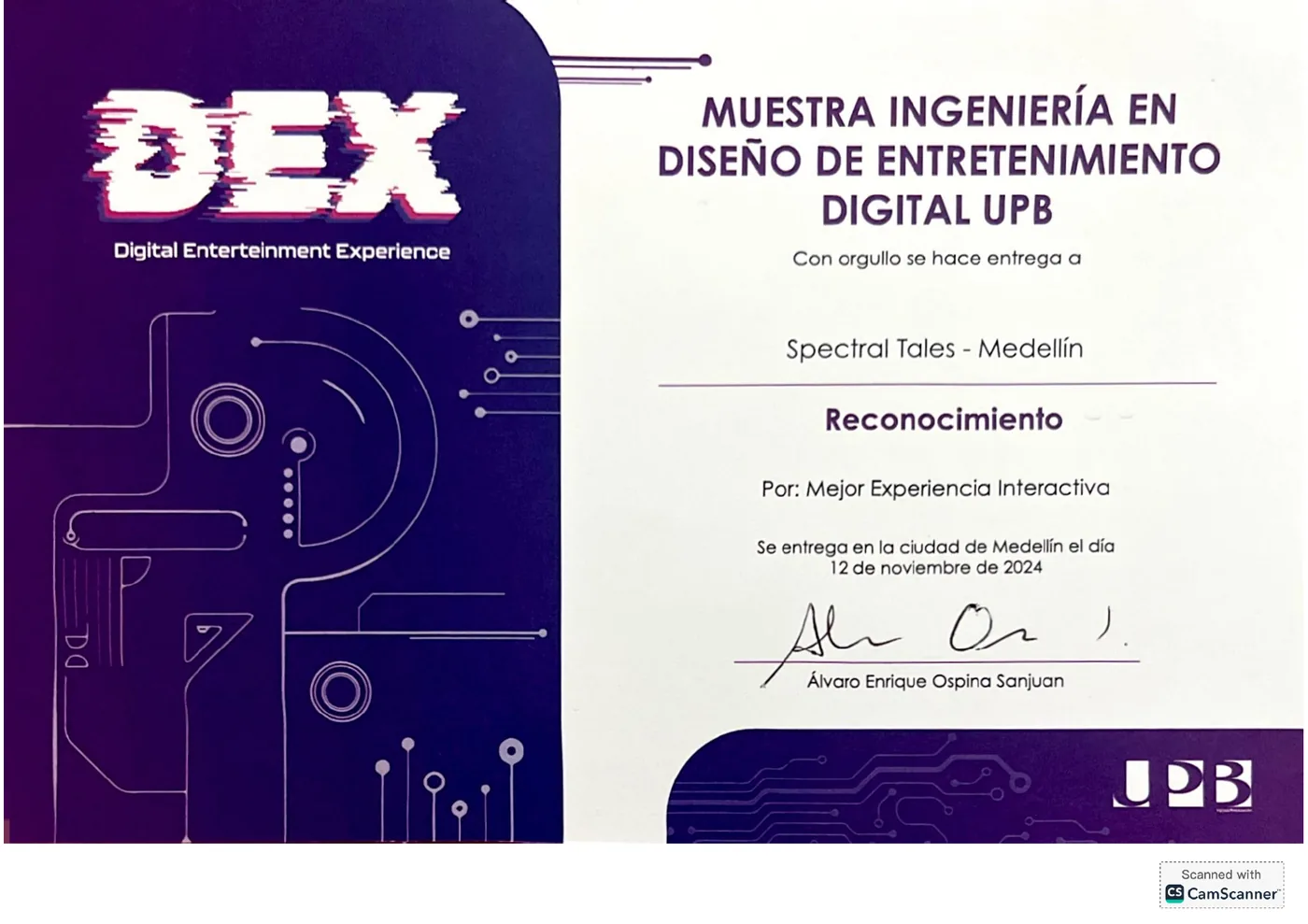 DEX certificate for Medellín Spectral Tour, Best Interactive Experience